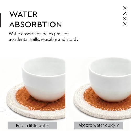 Image of Encasa XO Drink Coasters Set of 6 | Coral & Off White with Round (9 cm) | Handcrafted Ribbed Cotton | Absorbent & Heat-Resistant | Use for Tea, Coffee Table & Desk