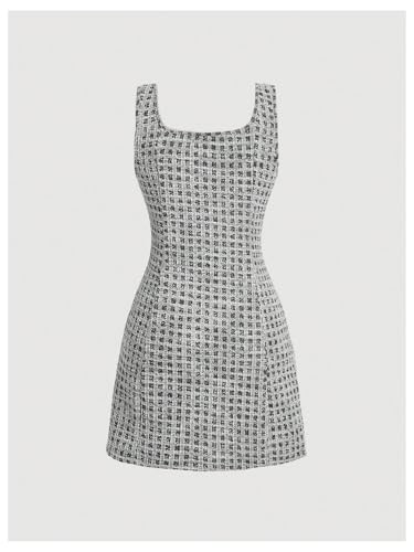Image of Floerns Women's Plaid Tweed Dress Sleeveless Square Neck Elegant Work Mini Dress