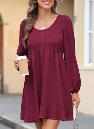 Image of Dokotoo Fall Dresses for Women 2026 Casual Long Sleeve Mini Dress | Smocked Crewneck, Button Up, Empire Waist, A-Line Hem, Solid Color, Floral Pattern