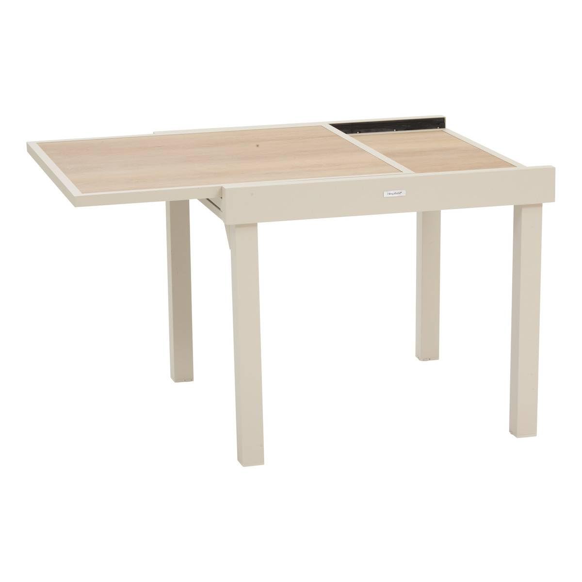 Hespéride - Table de Jardin Extensible Piazza Argile - 8 Places - Aluminium Traité Epoxy Antirouille - Plateau Verre Trempé Effet Bois - Meuble d'Extérieur à Rallonge Coulissante