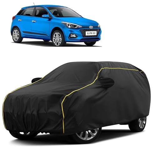 Image of Sulfar 100% Water Resistant Car Body Cover Compatible with Mirror for Hyundai Elite i20 (Triple Stitched, Full Bottom Elastic, Black Taffeta with Yellow Piping)