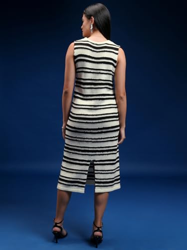Image of Tokyo Talkies Women Tofu & Jet Black Sleveless Striped Sheath Sweater Dress