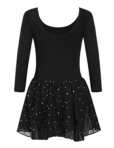 trudge Mädchen Ballettkleidung Ballettkleid Kinder Langarm Baumwolle Balletttrikot Ballettanzug Tanzkleid Tanzbody mit Rock Tütü, A Schwarz, 130