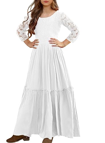 Image of MITILLY Girls Lace Flower Wedding Guest Long Maxi Dress for 6-12 Years | Girls Boho Dress, Girls' Special Occasion Dresses, Wedding Party, Size 6-12 Years, Ruffle Sleeve, A Line, With Pockets