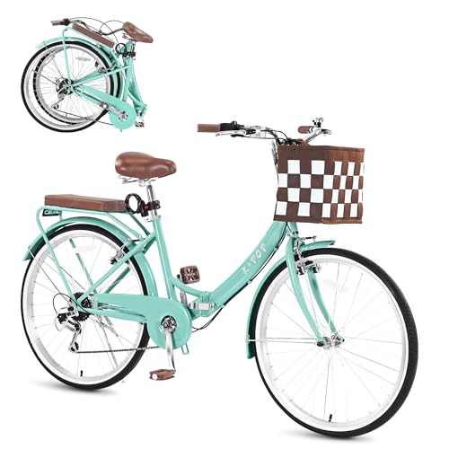 Foldable Beach Cruiser Bike for Women, 26 Inch Womens Bike with Basket, 7 Speed Commute Bike Adult Bicycles for Women, High-Carbon Steel/Front & Rear Fenders