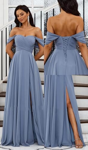Off Shoulder Bridesmaid Dress with Slit Chiffon Prom Dresses Ruched V-Neck Formal Dress Long Party Gowns AKY0053