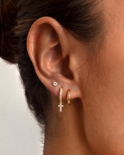Image of Freekiss 3 Pairs Gold Hoop Earrings Set: Dainty Stud Earrings Trendy Small 14K Gold Plated Hypoallergenic Dangle Cartilage Huggie Hoop Earrings for Women Gold Jewelry for Women Gifts
