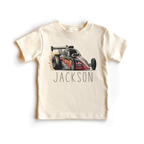 Personalized Dragster Kids Shirt - Custom Name Drag Racing Race Car Birthday Outfit For Boys & Girls - Natural Toddler Youth Kids Clothing