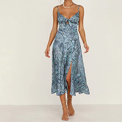 Image of Fashionme Women Spaghetti Strap Midi Satin Dresses Tie Front Backless Slit Cutout Dress Semi-Formal /Casual Flowy Lightweight