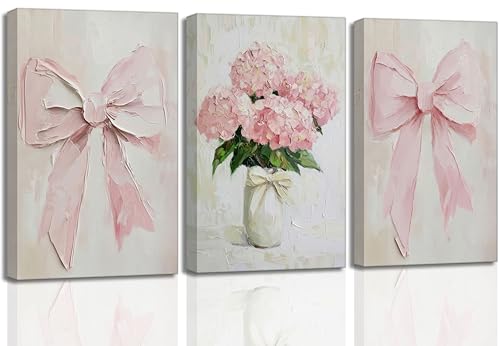 Image of 3Pcs Trendy Pink Bows Canvas Wall Art for College Apartment Bedroom Decor