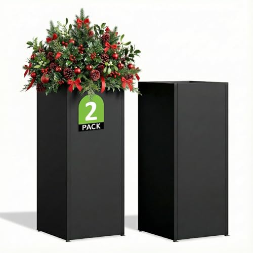 Set of 2 Planter Box Outdoor 30"H x 14.4"W x 13.6"D- Tall Planters for Outdoor Patio/Porch, All-Weather with Anti-dumping Kit, Durable Galvanized Steel, Modern Design for Plants, Flower, Garden