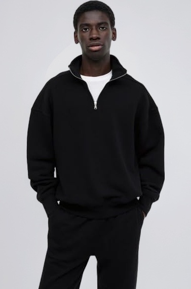 Solid Oversized Halfzipper Long Sleeves Fleece Hooded Neck Sweatshirt for Men's | Black, Medium