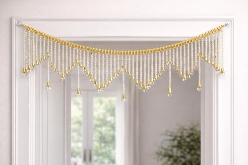 Image of Elegant Pearl Beads Toran for Door | Golden Bell Bandarwal | 3 Feet Length | Lightweight Traditional Door Hanging for Diwali, Pooja, Wedding & Griha Pravesh