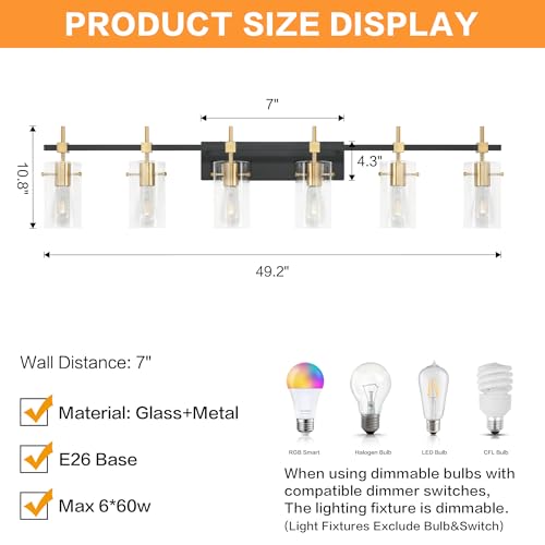 Image of SOLFART 49.2 inch Vanity Light fixtures Vintage 6 Lights Wall Light Fixtures Above Mirror for Bathroom Brass and Black with Clear Glass Shade (Exclude Bulb)