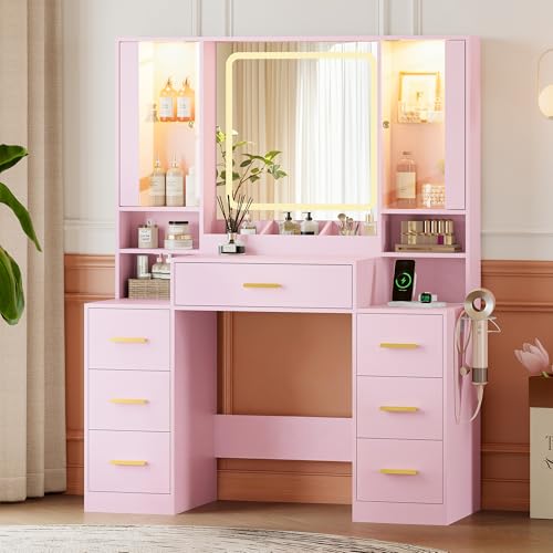 Image of HUANLEGO Makeup Vanity Desk with Mirror and LED Lights for Girls, Pink | Farmhouse Dressing Table Set for Women, LED Glass Cabinet, 7 Drawers, Power Outlet, Hair Dryer, 3 Lighting Modes