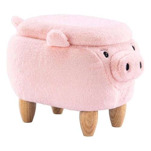 Image of Pemberly Row Kids Pig Fabric Storage Ottoman /Stool, Pink and Natural Finish, 14 in x 14 in x 22 in, Soft Furry Upholstery, Solid Wood Legs, Hidden Storage, No Tools Assembly, Nursery, Playroom or
