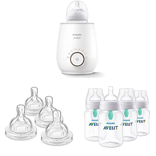 Image of Philips AVENT Fast Baby Bottle Warmer with Smart Temperature Control and Automatic Shut-Off, SCF358/00 | Philips AVENT Anti-Colic Baby Bottles with AirFree Vent, 9oz, 4pk, Clear, SCY703/04 | Philips AVENT Anti-Colic Baby Bottle Flow 1 Nipple, 4pk, SCY761/04