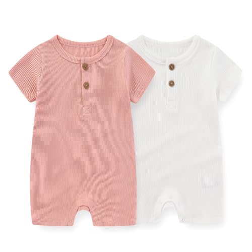 Image of JELYLOVE Unisex Short Sleeve Baby Romper 2 Pack Cotton Solid infant Boy Girl Jumpsuits Soft New Born Clothes