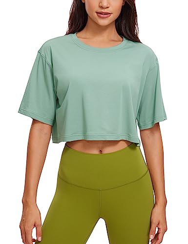 Image of CRZ YOGA Pima Cotton High Neck Crop T-Shirt | Workout, Naturally Soft, Loose Fit, Short Sleeve Tops for Women