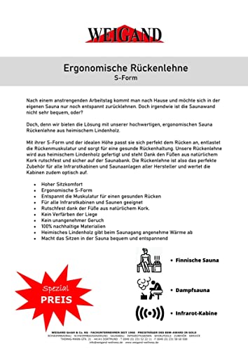 WEIGAND® Ergonomische Rückenlehne I Hoher Sitzkomfort I Aus feiner Linde I Weichholz I Stopper aus natürlichem Kork gegen Verrutschen - kein Verfärben der Liegen I Sauna I Saunazubehör I Rückenlehne - Image 3