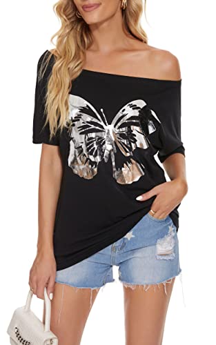 Pesion Womens Off The Shoulder Tops Sexy Shiny Shirts Short Sleeves Graphic T-Shirts Blouses, Black+ Silver Butterfly Medium #TOP6