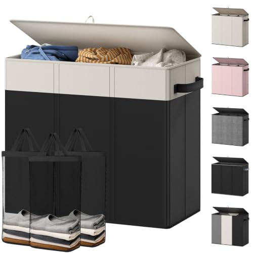 Optish 180L Laundry Hamper 3 Section, Large Hamper with Mesh Bags & Lid