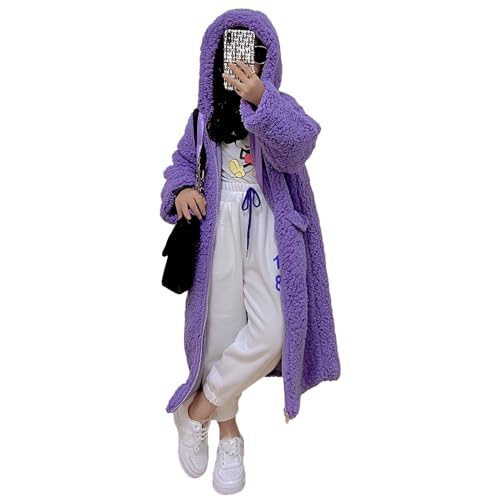 Girl's Fuzzy Fleece Coat with Hood Open Front Long Cardigan Faux Fur Warm Winter Jackets Outwear3