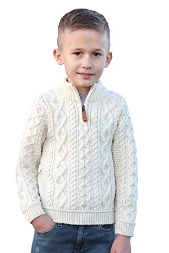Aran Crafts Boy's Irish Cable Knitted Half Zip Sweater (100% Merino Wool)