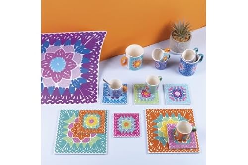 Villa d’Este Home Tivoli Set mit 6 dekorativen Keramikfliesen, Korkboden, 11 x 11 cm, Häkelmuster