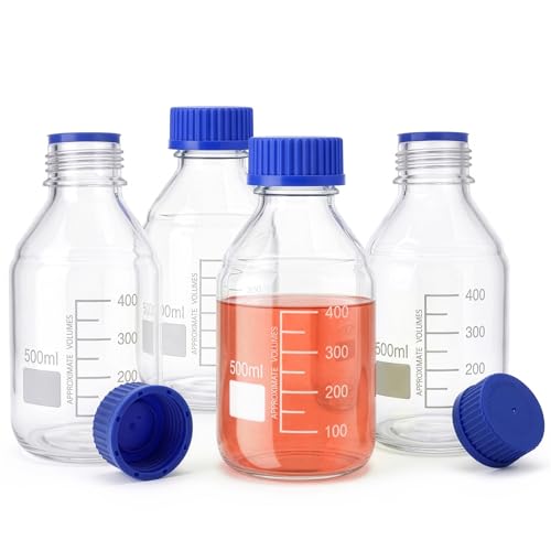 Yopay 6 Pack Glass Media Storage Bottles, 500ml Round Storage Bottle for Lab Water Reagent Liquids, Leakproof Scientific Glass Container for Classrooms or Home Use