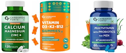Image of Carbamide Forte Health Set - Calcium-Magnesium-Zinc (120 Tablets) + Vitamin D3-K2-B12 Gummies (60pcs, Mango) + Men's Multivitamin (60 Tablets) | Complete Nutrition