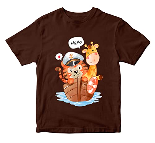 Image of Boys & Girls Tiger & Giraffe Animals Nautical Sea Theme 100% Cotton Unisex Kids T-Shirt
