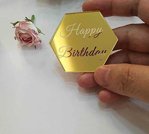Set Of 12Pcs Hexagon Cake Topper Disc, Happy Birthday Mirror Acrylic Cake Discs, Topper Decor For Cupcake,Mini Acrylic Cake Toppers (Gold Mirror) #TOP6