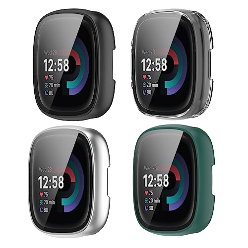 4 Pack Hard PC Case with Tempered Glass Screen Protector Compatible with Fitbit Versa 4/Sense 2 Anti-Scratch Protective Bumper Plated Overall Protective Cover(Blue+Sliver+Black+Clear)