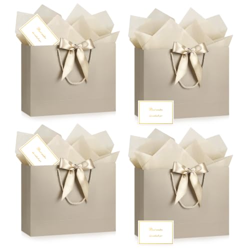 Image of JMANNI Gift Bags with Handles, 13 inch Medium Gift Bag for Presents, 4 Pcs Bags with 8 Tissue Paper and 4 Cards for Graduation Baby Shower Wedding Fathers Day Mother's Day Birthday Party(Champagne)