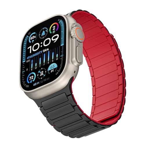 Magnetic Band Compatible with Apple Watch Ultra 3/2/1 Band for Men 38mm 40mm 41mm 42mm, Silicone Sport Waterproof Loop Strap Magnet Link for iWatch Series SE 11 10 9 8 7 6 5 4 3 2 1(BlackRed)