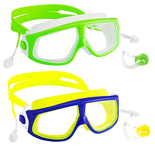 Spinosaurus Kids Swim Goggles Swimming Goggles Pack of 2(Age 3-15 Years), Anti-Fog,UV Protection, No Leaking, Clear Lens,with Nose Clip and earplugs, HD Swim Goggles for Kids (Dblueyellow greenwhite)