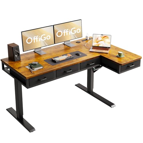 Image of OffiGo 55 Inch L Shaped Electric Standing Desk with 4 Drawers, Rustic Brown | Reversible Corner Table, Office Desk With 4 Drawers and Outlets For Home Office, Computer Workstation And Sit Stand Use
