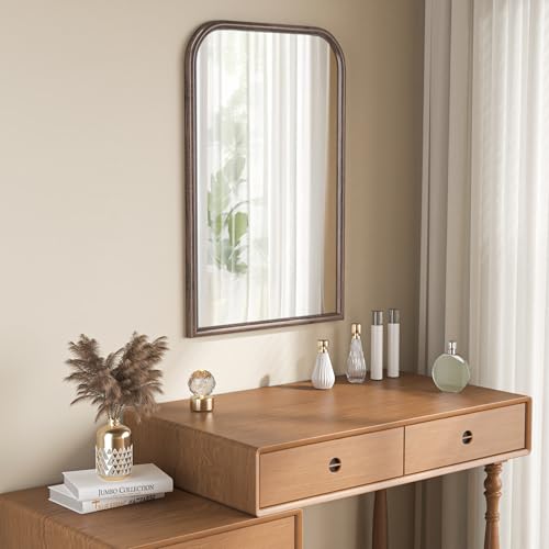 Image of 24 inchx36 inch Arch Wall Mirror for Wall, Wall Mounted Vanity Mirror for Bedroom, Wood Grain Finish Frame Mirror with Tempered Glass, Vintage Decorative for Bathroom, Entryway, Living Room, Walnut