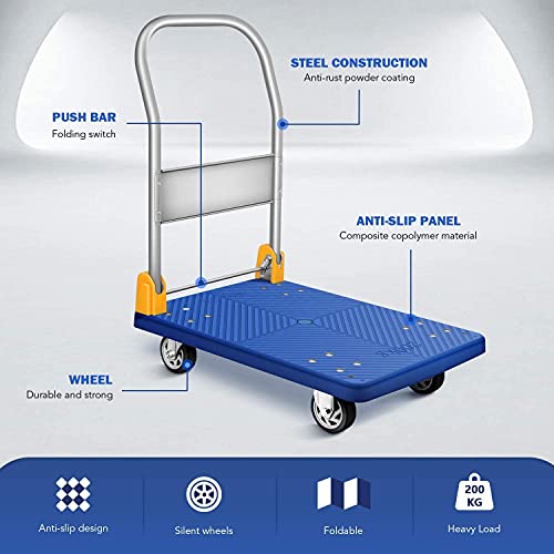Image of GOBBLER Portable Platform Trolley Cart for Lifting Heavy Weight, 200 Kg Capacity Dolly Push Cart - Blue (GB-TR200)