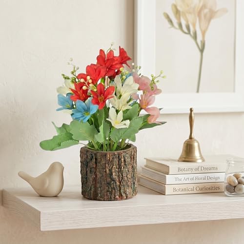 Image of Dekorly Artificial Multi Colour Lily Flower with Real Wooden Vase (28CM Overall Height) | Decorative Lifelike Faux Floral Plant in Rustic Tree Log Pot for Living Room(Mini Lily Flower)