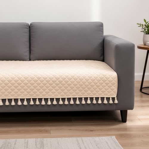 Image of HOMEMONDE 2 Seater Quilted Velvet Sofa Cover with Tassels |Soft, Durable & Premium Fabric with Tassels | Sofa Cover Mats for Living Room, Bedroom, Drawing Room & Office (76 X 122 CM, Beige)