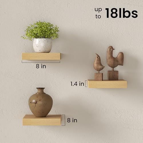 Image of Fun Memories Small Floating Shelves for Wall - 8 Inch Square Wall Shelves with Invisible Brackets, Oak Shelves for Bathroom, Living Room, Bedroom, and Kitchen Decor, Set of 3