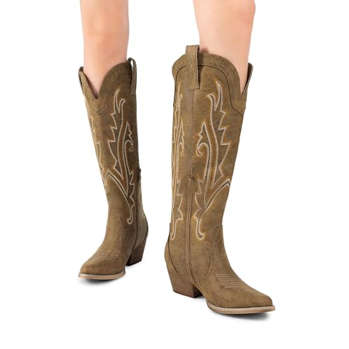 DREAM PAIRS Womens Cowboy Knee High Boots Comfortable Pull On Side Zipper Chunky Heel Embroidered Western Cowgirl Boots Retro Tall Boot,Size 8,Tan,DWUMKB2501