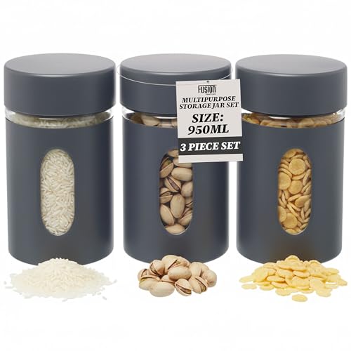 Stainless Steel Kitchen Storage Canisters - Set of 3 950ml Tea Coffee and Sugar Canisters with Airtight Screw Top Lid - Kitchen Food Container Organizer with Transparent Window for Tea, Nuts & More