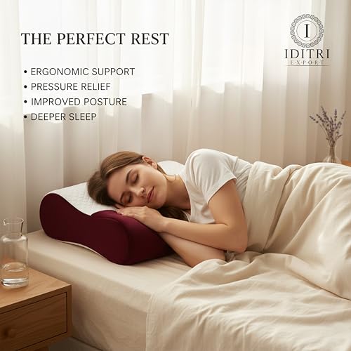 Image of Ergonomic Memory Foam Pillow Set of 2 with 9 cm 12 cm Heights, Cervical Contour for Neck Relief, Protective Inner Cover, Jacquard Velvet Outer Case, Maroon, 60 x 35 cm