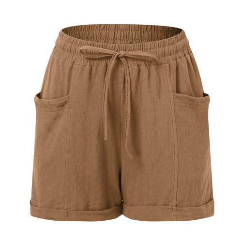 Pantalones cortos de muselina para mujer, pantalones cortos, cómodos, sueltos, ligeros, transpirables, deportivos, diarios, exteriores, cortos, con cordón, monocolor, pantalones cortos, café, XL - imagen 4