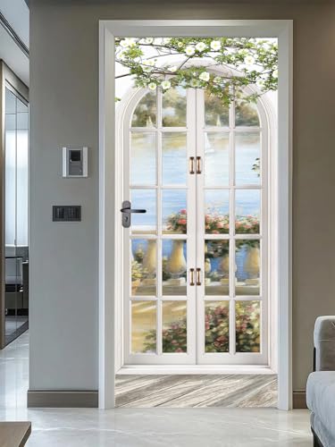 FLFK Adesivi per porte 3D Stacca e attacca 85x215cm(Set di 2 fogli) - Arco in stile europeo Paesaggio pastorale Carta da parati autoadesiva per pareti e porte poster per la camera da letto