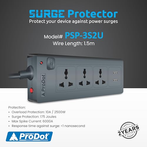 Image of Prodot 3 Universal Sockets with 2 USB Ports Surge Protector I 1.5m Heavy-Duty Copper Cord | Up to 2500W (250V~10A) I Automatic Overload Protection I Shock-Proof ABS Body I Home, Office & Travel Use