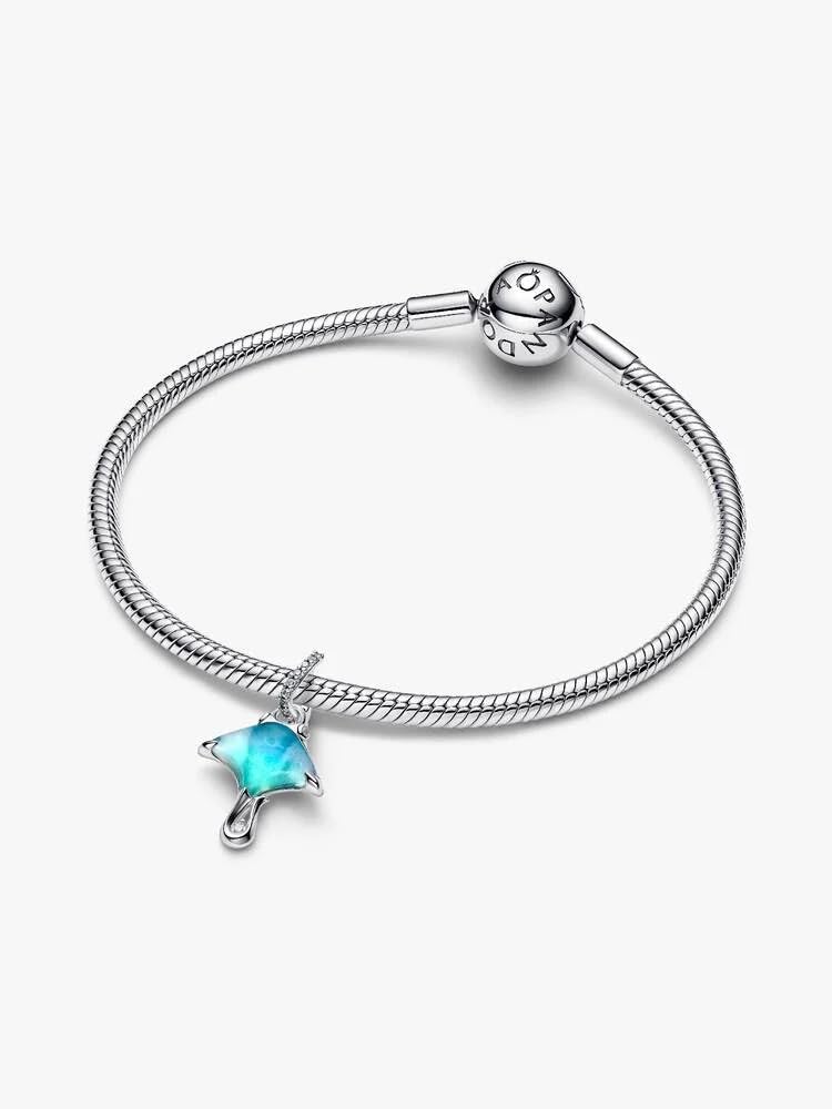 Manta Sterling Silver Dangle with Clear Cubic Zirconia, White bioresin Man-Made Mother of Pearl, Enamel and Shaded Blue Murano g